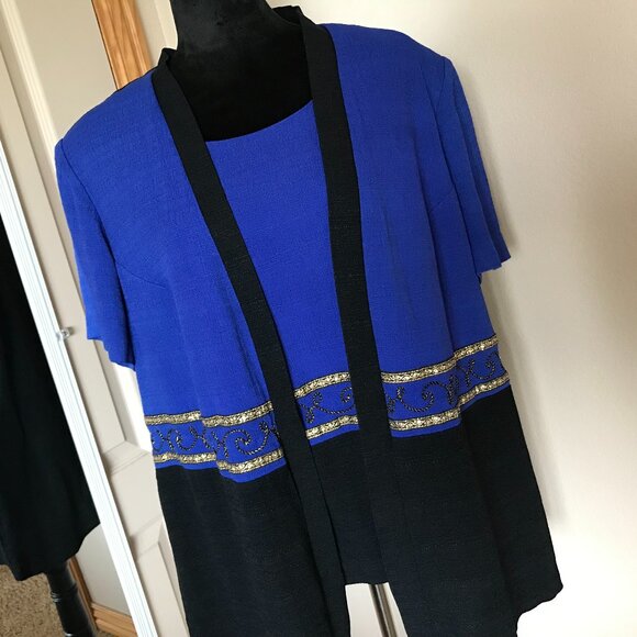 Vintage Blazer Tunic: 80s Blue & Black Jacket with Gold Trim, Plus Size 22WP - Picture 4 of 11